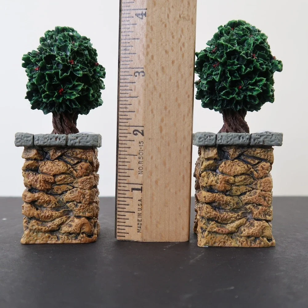 Department 56 Village Stone Corner Posts with Holly Trees‎ Retired